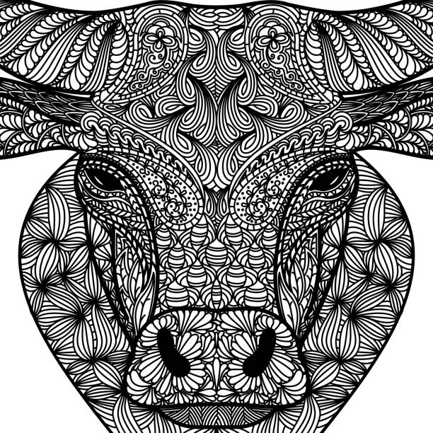 Patterned face of ox. Symbol of 2021. Ornate bull Chinese New Years sign. Tattoo design. Coloring page. It may be used for design of a t-shirt, bag, postcard, a poster and so on. Patterned face of ox. Symbol of 2021. Ornate bull Chinese New Years sign. Tattoo design. Coloring page. It may be used for design of a t-shirt, bag, postcard, a poster and so on. Vector illustration. coloring book page illlustration technique illustrations stock illustrations