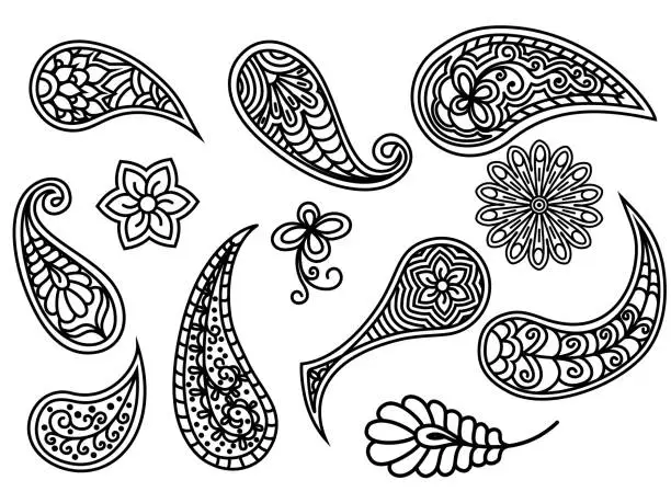 Vector illustration of Set of paisley elements isolated on white background. Henna tattoo floral doodle items. Ornate vintage ethnic decoration in ethnic oriental, Indian style. Mehndi flower pattern for drawing.