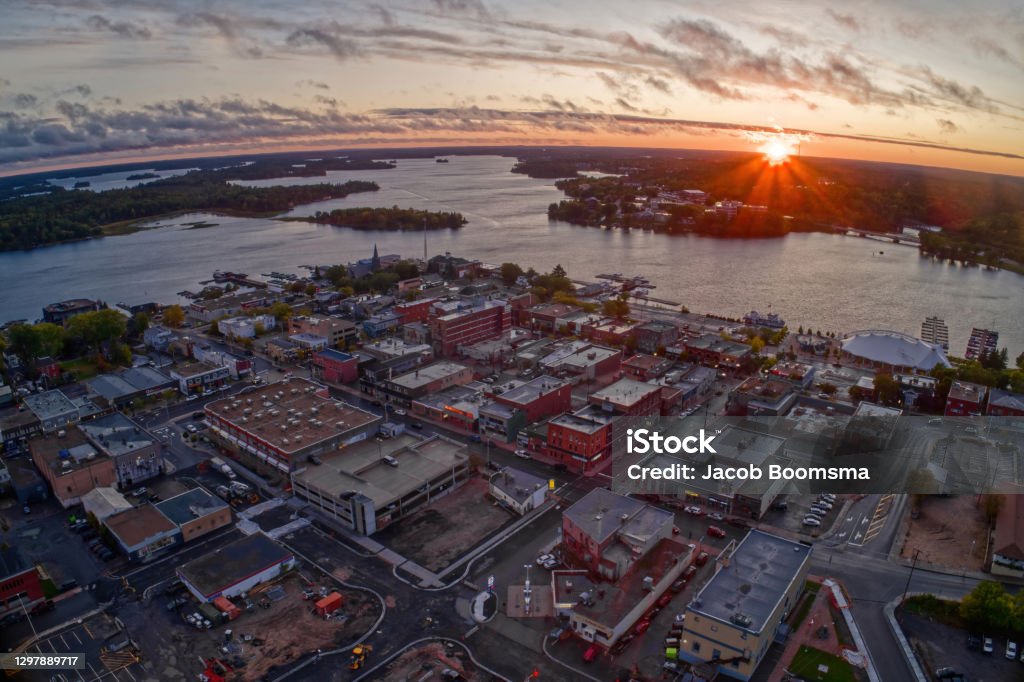 Aerial View of Kenora, Ontario at sunset in summer Aerial View Stock Photo