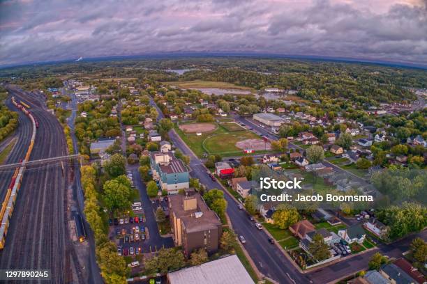 Aerial View Of Kenora Ontario At Sunset In Summer Stock Photo - Download Image Now - Kenora, Ontario - Canada, Aerial View