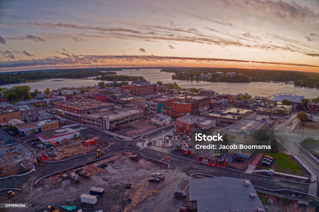 Aerial View of Kenora, Ontario at sunset in summer Kenora Stock Photo