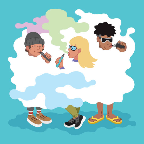 ilustraciones, imágenes clip art, dibujos animados e iconos de stock de grupo de jóvenes amigos fumando cigarrillos electrónicos - three people women teenage girls friendship