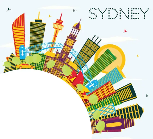 Vector illustration of Sydney Australia City Skyline with Color Buildings, Blue Sky and Copy Space.