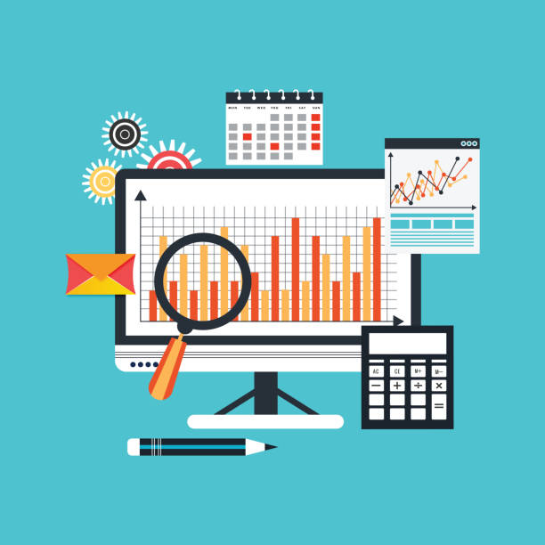 illustrazioni stock, clip art, cartoni animati e icone di tendenza di concetto di analisi aziendale - glasses stock market finance newspaper