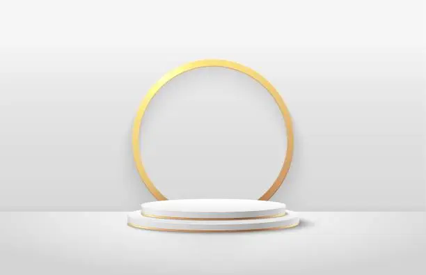 Vector illustration of Abstract round display for product on website in modern. Background rendering with podium and minimal white, gold texture wall scene, Luxury 3d rendering geometric shape white color. Vector EPS10