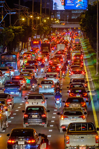 Bangkok, Thailand - December 22, 2020: View of Traffic jam at night in Ratchada Road, Jatujak district, Bangkok Thailand.