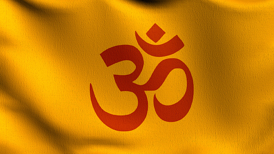 Flag of Hinduism. 3D rendering illustration of waving sign symbol. Hindu religion.