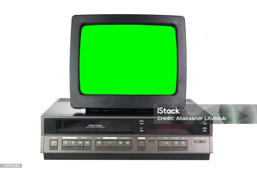 Old black vintage green screen TV and VCR from 1980s, 1990s, 2000s isolated on white background. Television Set Stock Photo