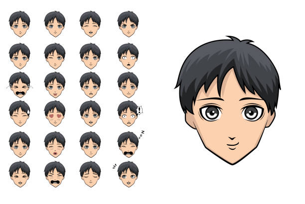 Various Emotion Manga Anime Boy Black Hair Faces Cartoon Set Stock  Illustration - Download Image Now - iStock