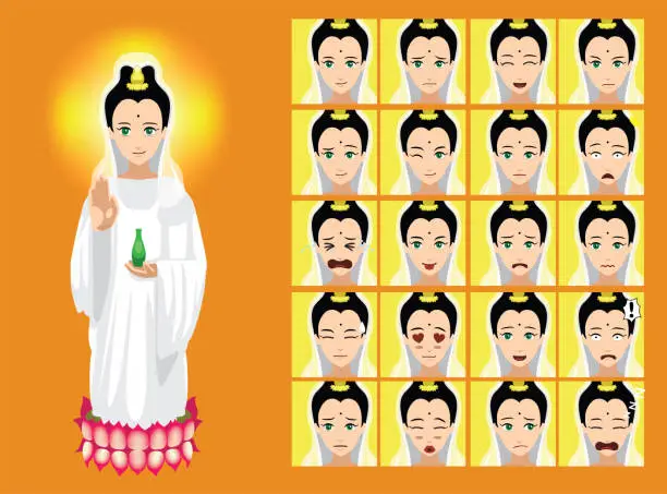 Vector illustration of Manga Style Chinese Diety Guan Yin Cartoon Character Emotions