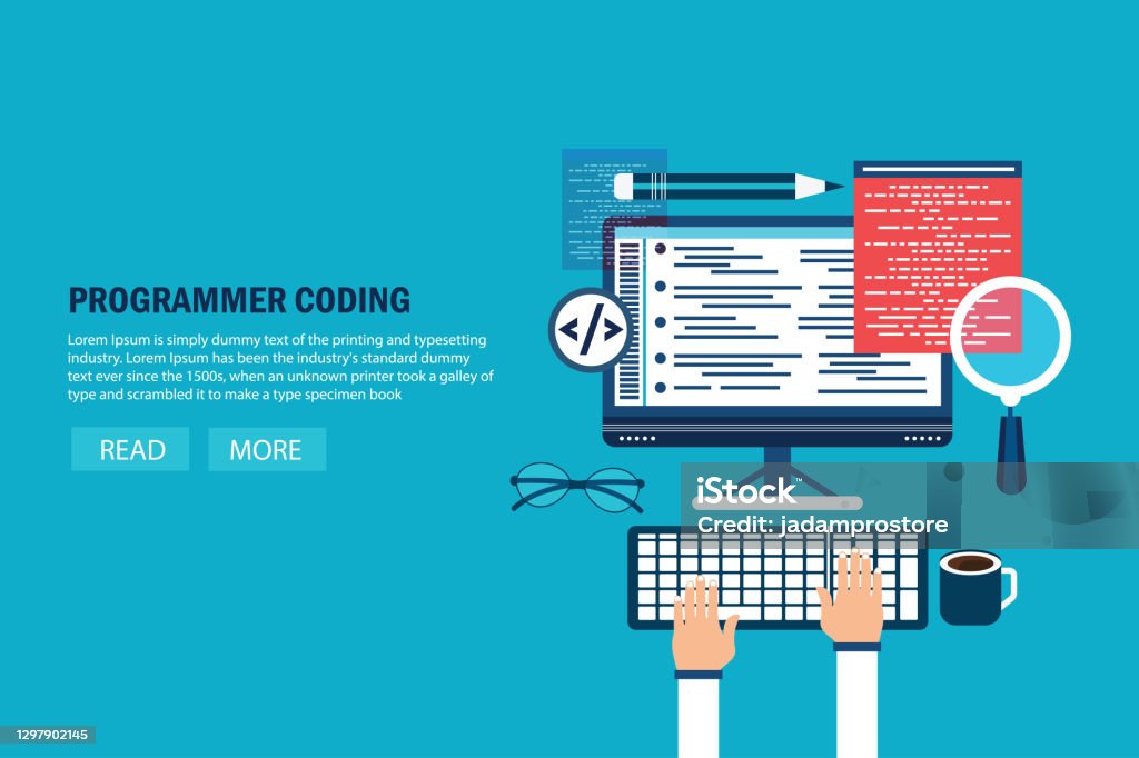 Programmierer Bild Programmierercodierung Laptopcomputer Schreibtisch Freelancer Sitzt Auf ...