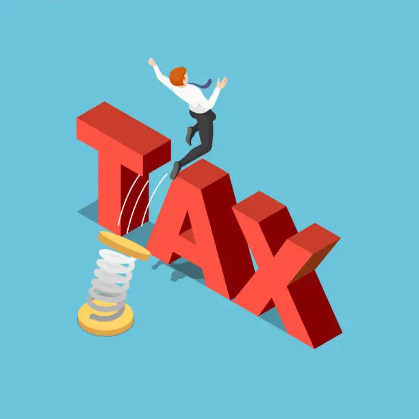 Vector illustration of Isometric Businessman Use Spring to Jumping Over The TAX