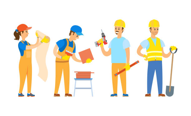 Repair Teamwork, Renovation Work, Renewal Vector Man and woman workers holding wallpaper, tile and shovel, drill and ruler, renovation teamwork, smiling builders in gloves and helmet, repair vector holding drill stock illustrations