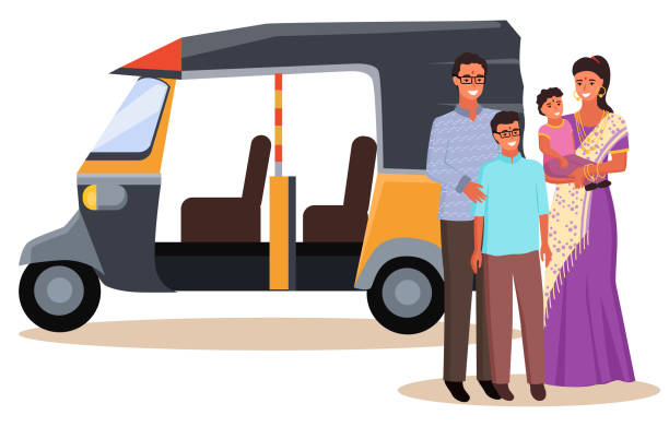Indian Family in Traditional Clothes and Rickshaw Indian family in traditional national clothes. Woman in saree holding little baby. Motor rickshaw, tuk-tuk vehicle or india taxi vector illustration auto rickshaw taxi india stock illustrations