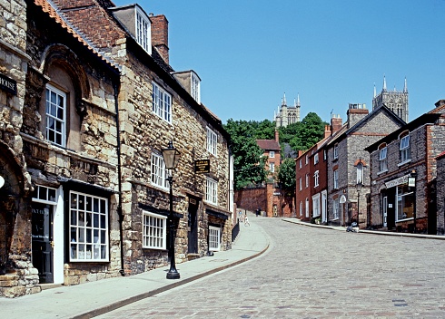 View up Steep Hill with the Cathedral to rear, Lincoln, UK.
