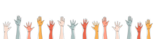 ilustraciones, imágenes clip art, dibujos animados e iconos de stock de levanta las manos. trabajo en equipo, colaboración, votación, concierto de voluntariado. aplausos dibujados a mano. ilustración vectorial - cooperación ilustraciones