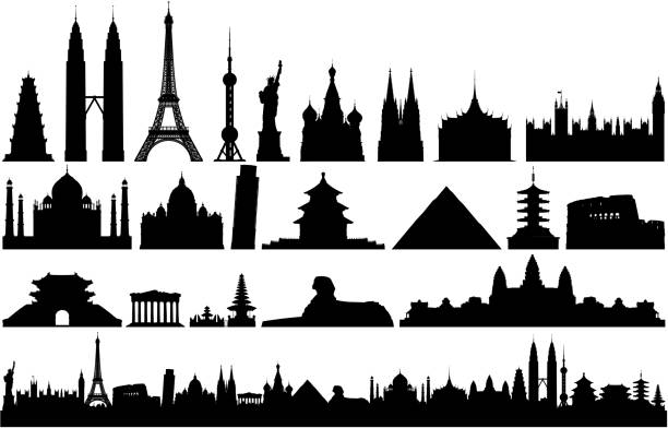 ilustrações de stock, clip art, desenhos animados e ícones de world monuments and skyline (all buildings are complete, detailed and moveable) - angkor wat