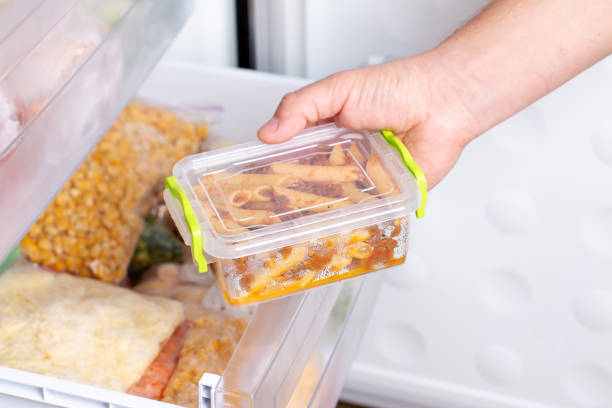 istock Frozen pasta, ready meal. Frozen pasta with minced meat 1297908151