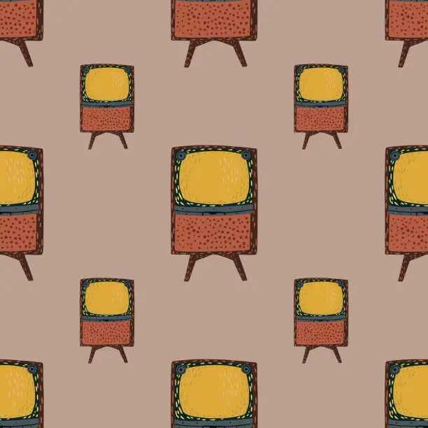 Vector illustration of Vintage home decor seamless pattern with doodle yellow tv silhouettes. Pale pink background.