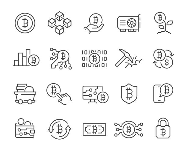 ilustrações de stock, clip art, desenhos animados e ícones de bitcoin and cryptocurrency icon set. collection of linear simple web icons such as electronic key and wallet, mining and production, investment in cryptocurrency, exchange of cryptocurrencyg and other. editable vector stroke. - exchanging connection symbol computer icon