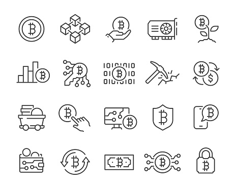 Bitcoin and Cryptocurrency icon set. Collection of linear simple web icons such as Electronic key and wallet, Mining and Production, Investment in Cryptocurrency, Exchange of Cryptocurrencyg and other. Editable vector stroke.