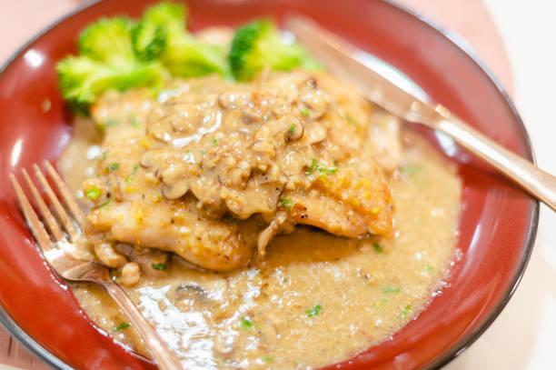 homemade chicken chop broccoli with gravy on a plate