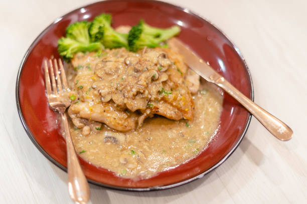 homemade chicken chop broccoli with gravy on a plate