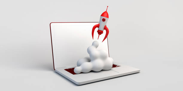 istock Red rocket launch on laptop with empty screen. Development and promotion of a new product or service. Startup. 3d illustration. 1297917674