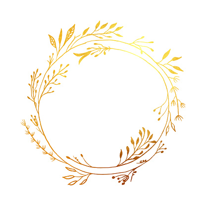 Hand Drawn Gold Colored Flower Wreath. Floral Vector Design Element for Birthday, New Year, Christmas Card, Wedding Invitation.