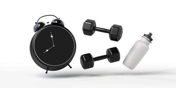 istock Workout. Background with dumbells, bottle of water and alarm clock. Training. 3d illustration. 1297918221