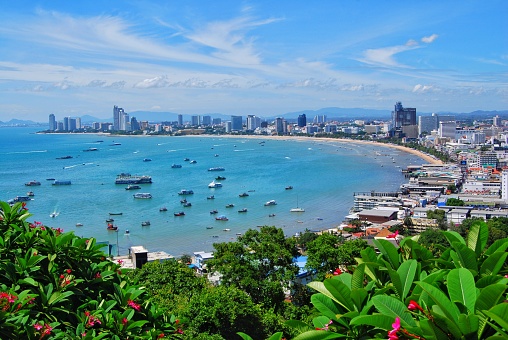 Pattaya, THAILAND - June 21, 2015 : View of the curved beach from the viewpoint of Pattaya.