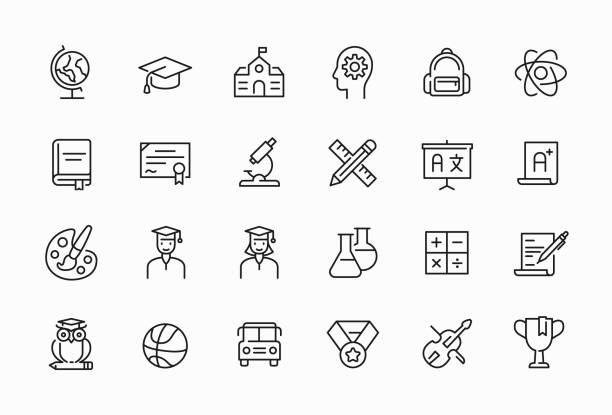 Education related minimal thin line icon set. Editable stroke symbol. Pixel perfect at 64x64 technology office equipment laboratory stock illustrations