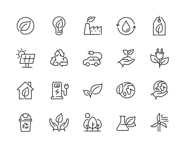 Eco friendly related thin line icon set in minimal style Environmental sustainability simple symbol. Editable stroke. Pixel perfect at 64x64 icons stock illustrations