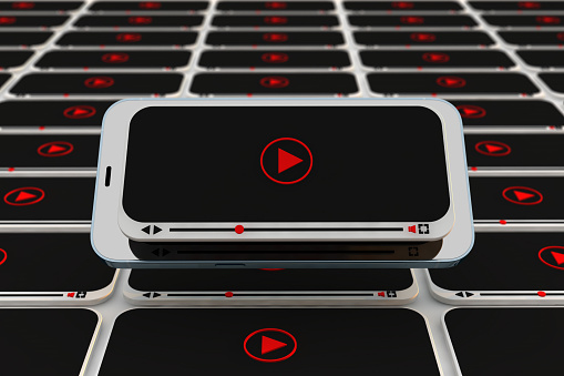 Video concept with phone video player for youtuber, vlogger and influencer. 3D Render