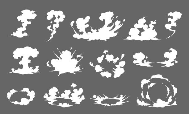 Smoke special effect in semi cartoonist style illustration Smoke illustration set for special effects template. Explosion, bomb, steam clouds, mist, fume, fog, dust, or vapor angry clouds stock illustrations