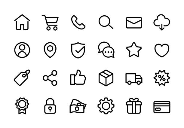 Online shopping application Interface related icon set. Website sign. Editable stroke. Pixel Perfect at 32x32 label icons stock illustrations