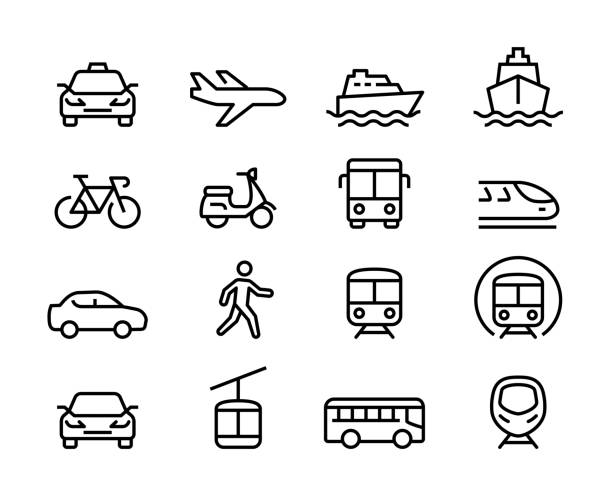 illustrazioni stock, clip art, cartoni animati e icone di tendenza di set di icone trasporto per viaggi - icona
