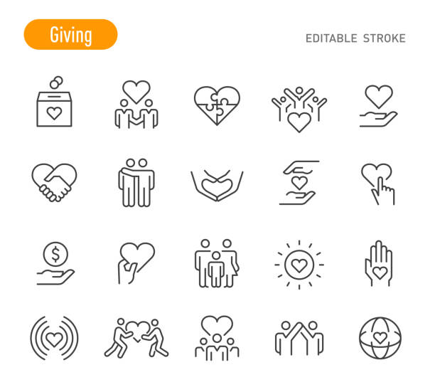 giving icons - seria liniowa - edytowalny obrys - social awareness symbol illustrations stock illustrations