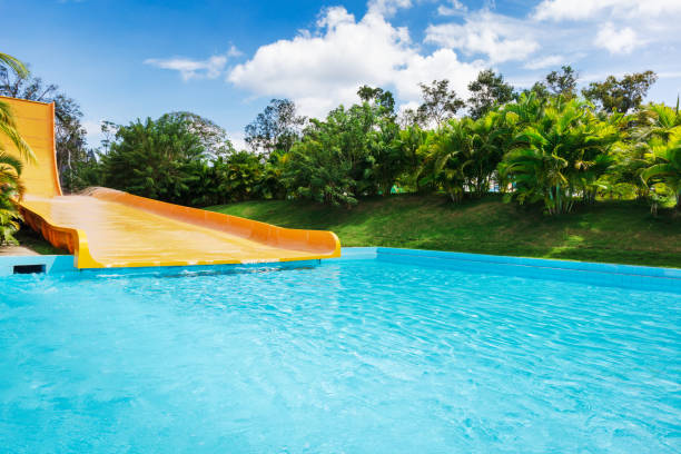 yellow water slides in tropical aqua park