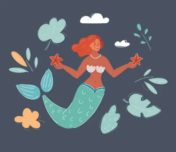 Vector illustration of Vector illustration of Mermaid woman on dark background.
