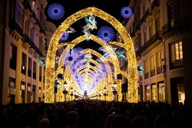 Thousands people enjoying the Lights Christmas Spectacle "The Christmas Forest", in famous Street Marquez de Larios, the centre of Malaga. Thousands people enjoying the Lights Christmas Spectacle "The Christmas Forest", in famous Street Marquez de Larios, the centre of Malaga. malaga spain stock pictures, royalty-free photos & images