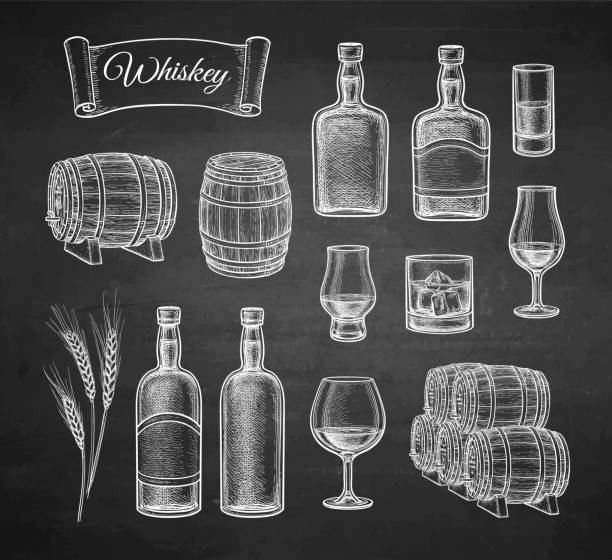 Chalk sketch of whiskey. Whiskey big set. Sketch with chalk on blackboard background. Hand drawn vector illustration. Retro style. whiskey illustrations stock illustrations
