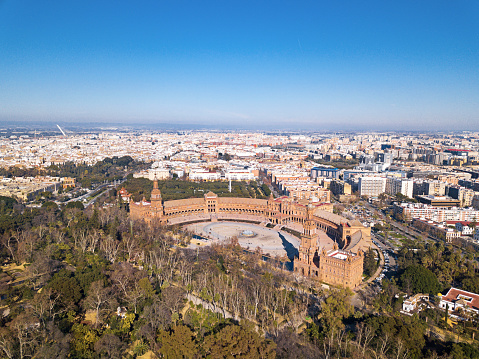 Aerial view of beautiful city of Seville , capital of Andalusia Province in south of Spain, Costa del Sol. Beautiful Spanish Square in the centre of Seville. Panoramic view of Seville city in winter