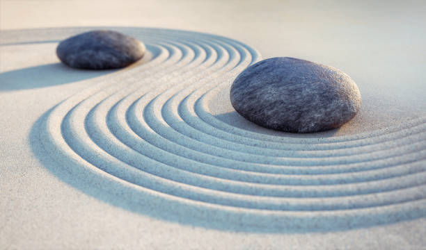 Japanese ZEN garden with textured sand waves Japanese Rock Garden, Rock Garden, Summer, Yin Yang Symbol, Nature, tranquility feng shui photos stock pictures, royalty-free photos & images