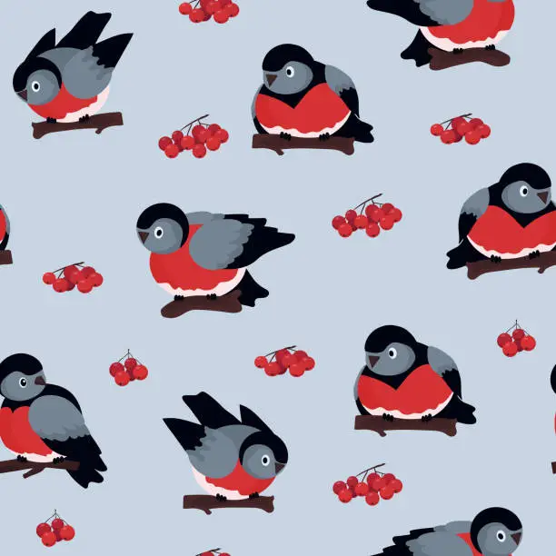 Vector illustration of Seamless vector pattern of birds. Tits with red bellies and rowan berries. The concept of conservation and frugality of nature. For paper, cover, fabric, gift wrap, wallpaper, home decor