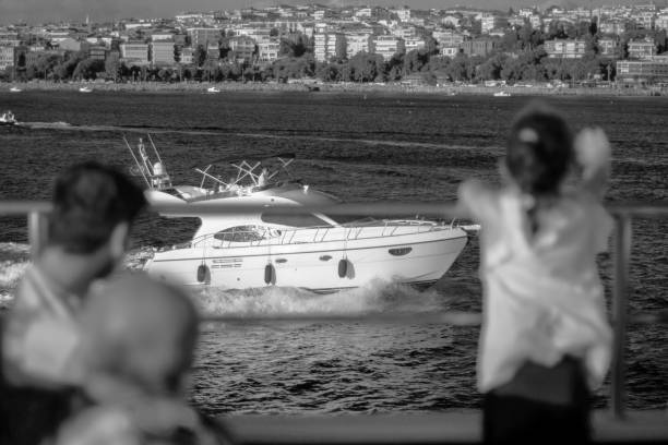 motor boat on the Bosphorus strait, Sea front landscape of Istanbul historical part, Turkey famous city.