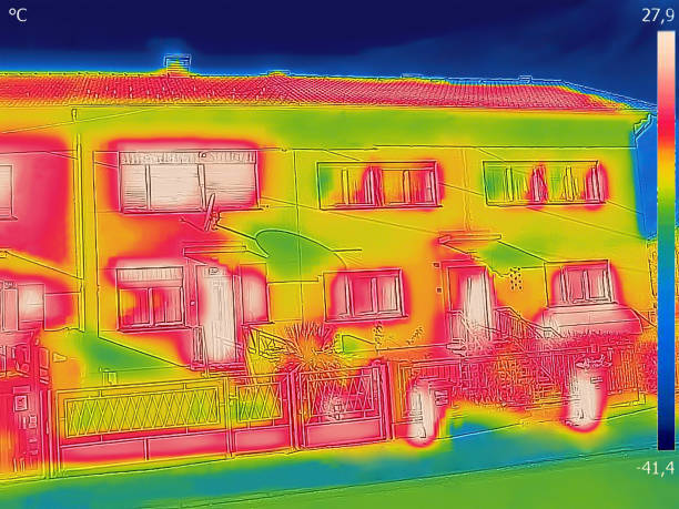 imagen térmica de una casa familiar donde se ve la pérdida de calor - heat loss fotografías e imágenes de stock