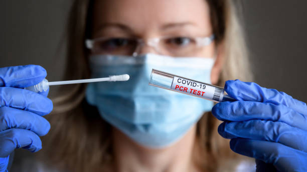 Coronavirus swab collection kit in doctor hands, woman in medical mask holds tube of COVID-19 PCR test stock photo