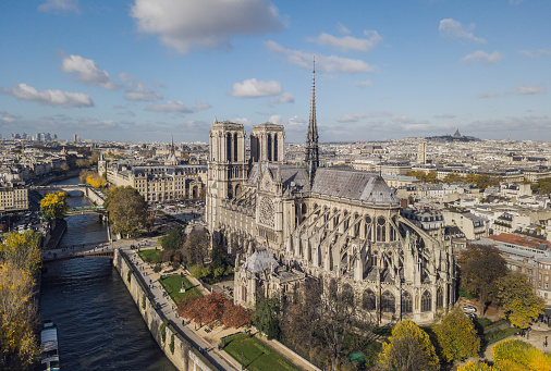 Aerial view of Notre Dame de Paris Cathedral