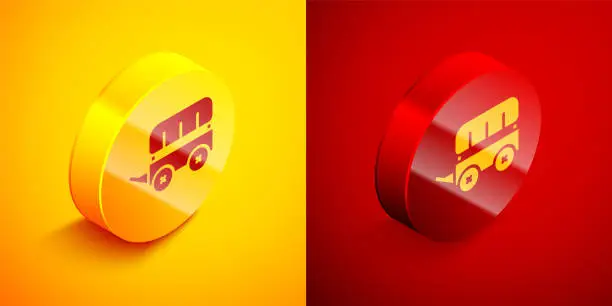 Vector illustration of Isometric Wild west covered wagon icon isolated on orange and red background. Circle button. Vector
